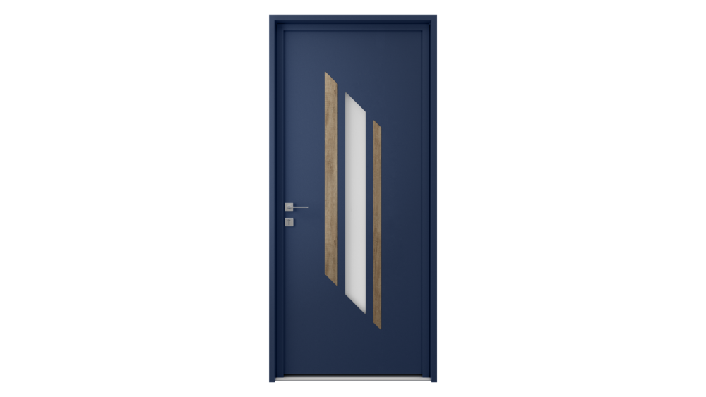 Porte d'entrée aluminium DONOUSSA Porte d'entrée bleue avec décor effet bois et vitré